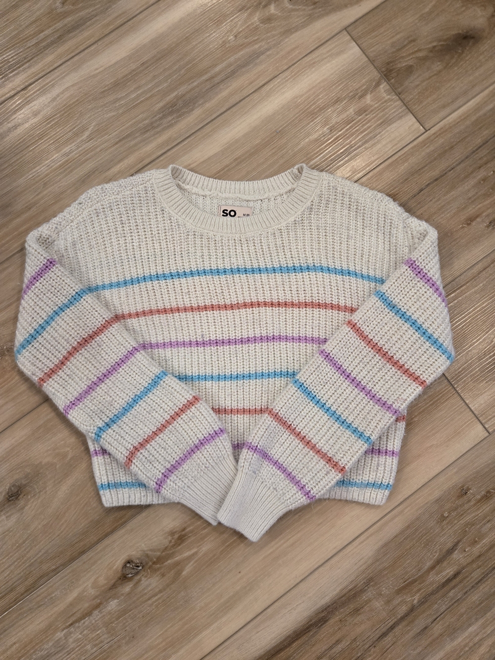 SO Cream Crewneck Sweater with Blue, Red, and Purple Stripes